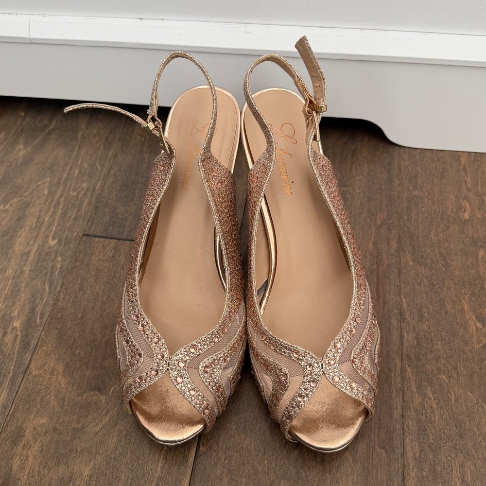 L Lorraine Gold Rhinestone Heels - Picture 2 of 10